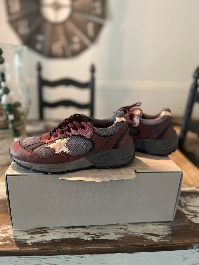 Golden Goose Burgundy And Gray Women's Athletic Sneakers With Gold Star Accent
